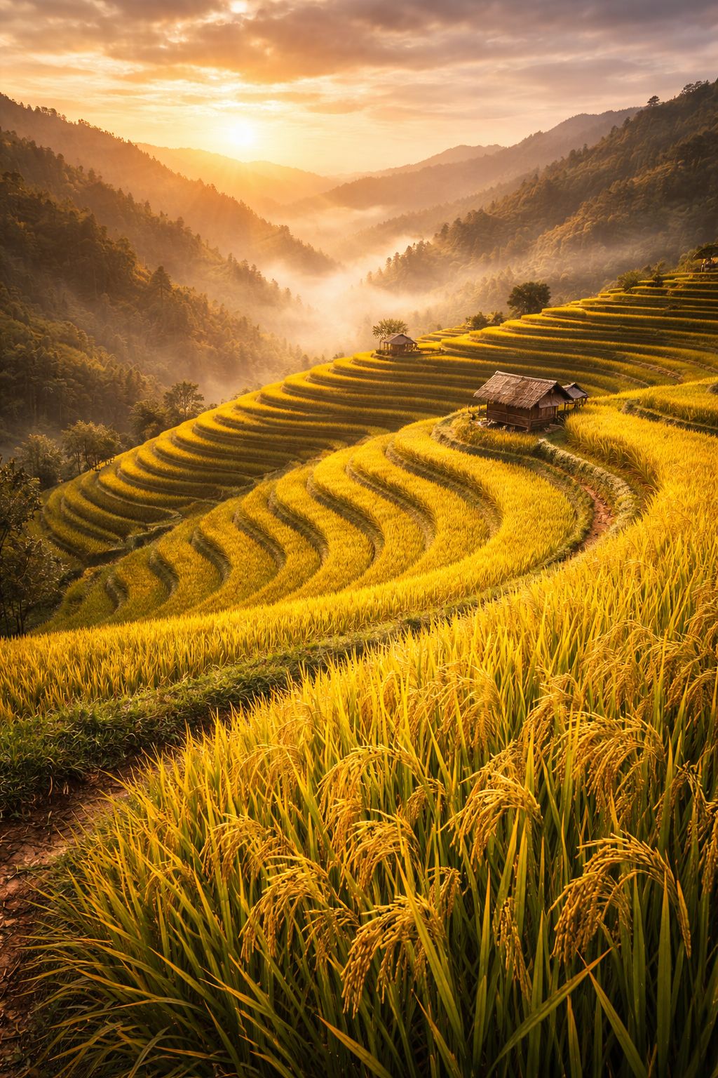 Hình nền Ruộng bậc thang có núi non bao quanh