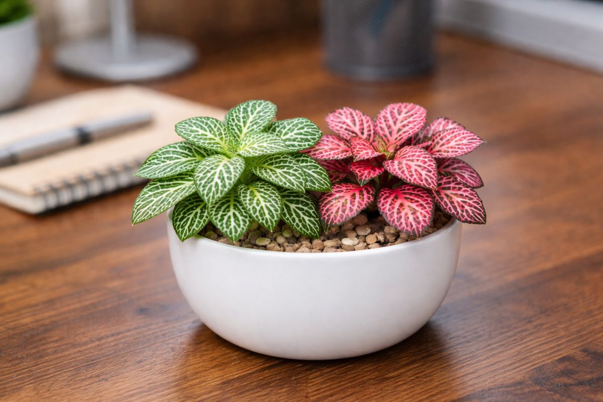 Cây May Mắn Fittonia với lá có gân nổi bật, màu sắc hấp dẫn phù hợp để bàn làm việc hoặc trang trí góc học tập.