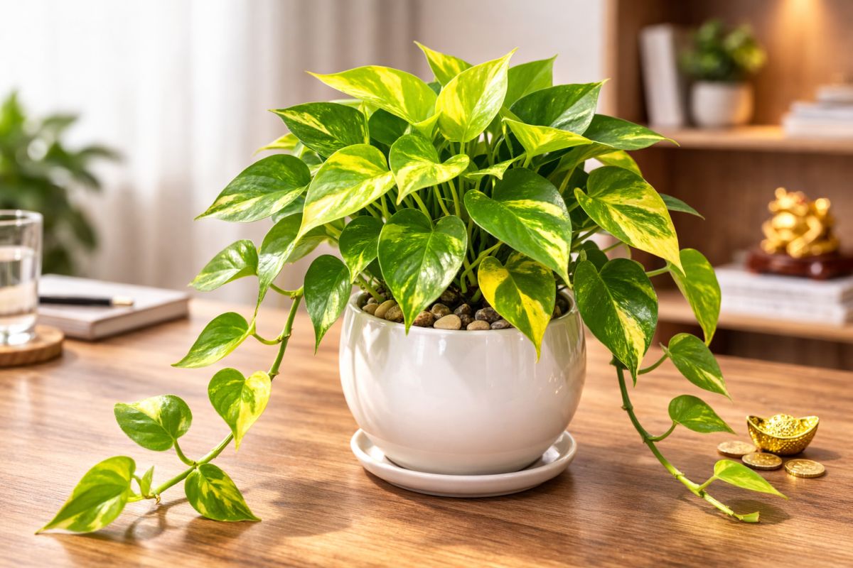 Cây Trầu Bà Vàng thu hút giàu có và tài lộc, thích hợp đặt góc phòng khách hoặc kệ sách.